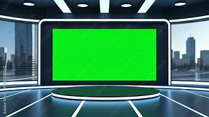 Modern virtual broadcast studio with a large green screen background and a panoramic city view, ideal for news, presentations, and virtual events.