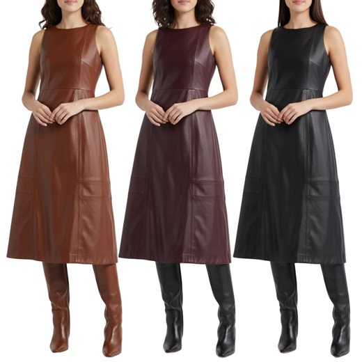 Genuine Leather Midi Dress Women’s Structured Dress With Princess Seams, Flared Skirt, Jewel Neck Sleeveless Women's Clothing Gift - Etsy Canada