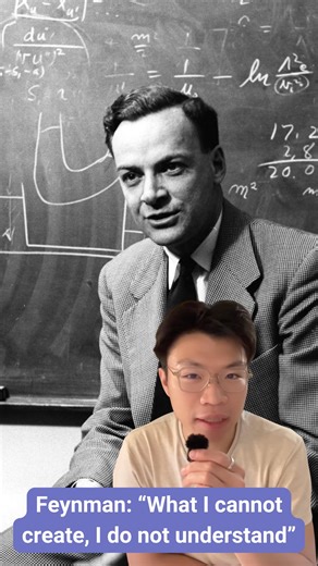 Kenton • Fizzyphysics • Physics grad! on Instagram: "🤓Feynman: “What I cannot create I don’t understand”. I think the Feynman method of learning is incomplete, and here’s why. 🔭The Feynman method, from Nobel Prize–winning physicist Richard Feynman, is all about explaining an idea from the ground up, like you’re teaching it to a child. 🗣️But explanation alone isn’t enough. Real learning comes when you can apply what you know. Feynman understood this— he fixed radios to learn electronics, and h
