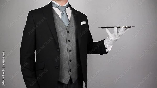 Butler in Dark Formal Suit and White Gloves Holding Silver Serving Tray. Concept of Service Industry and Professional Hospitality. Stock Video