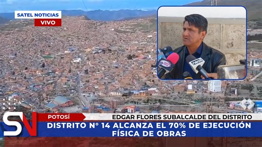 DISTRITO N° 14 ALCANZA EL 70% DE EJECUCIÓN FÍSICA DE OBRAS El Distrito N° 14, que abarca un total de 24 comunidades, ha logrado hasta la fecha un avance del 70% en la ejecución física de las obras programadas para la presente gestión. Este progreso refleja el cumplimiento de gran parte de los proyectos comprometidos en beneficio de la población. Sin embargo, el subalcalde del distrito, Edgar Flores, señaló que algunas obras no han podido ejecutarse debido a la falta de coordinación y compromiso 