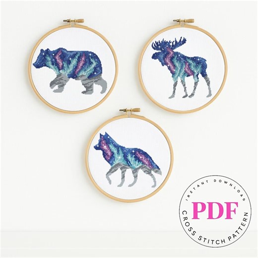 Animal Cross Stitch Set PDF Aurora Borealis Wolf, Bear & Moose Embroidery Digital Format - PDF - Etsy