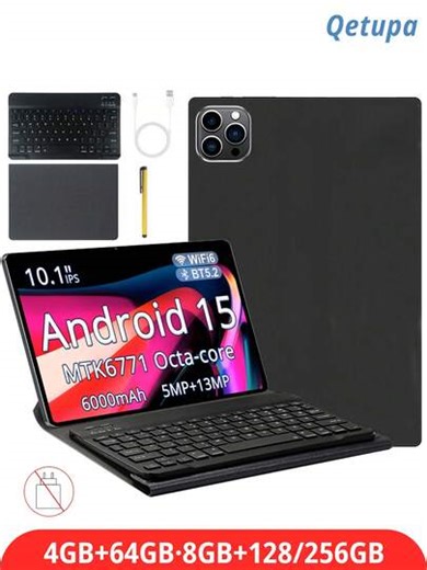 Qetupa M9-4 Tablet PC Android 15 de 10.1 pulgadas, con funda protectora, teclado y lápiz óptico, procesador MTK 6771 Octa-Core de 2.0GHz, opciones de almacenamiento de 4GB+64GB/8GB+128GB/256GB (ampliable a tarjeta SD de 1TB), pantalla táctil IPS HD de 1280x800, cámara dual de 5MP+13MP, batería de 6000mAh, USB-C, WiFi 6 802.11ax, GPS (adaptador no incluido) | SHEIN