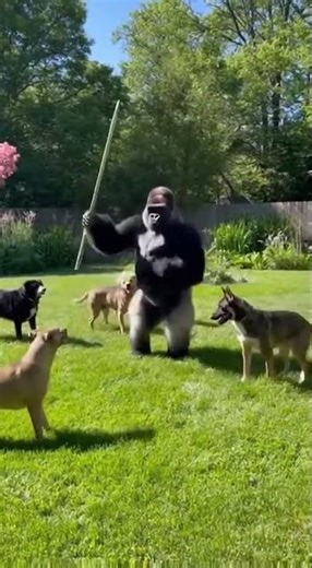Gorilla vs 10 Dogs! Stick Skills LEVEL 100 😂🐶🦍