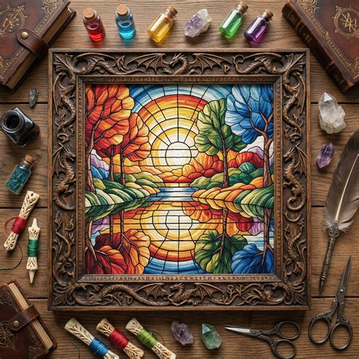 Stained Glass Sunset Landscape Cross Stitch Pattern: Colorful Nature Embroidery PDF - Etsy