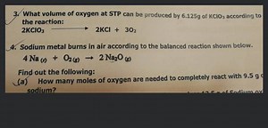 What volume of oxygen at STP can be produced by 6.125 \mathrm{~... | Filo