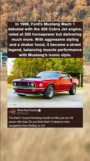 In 1969, Ford's Mustang Mach 1 debuted with the 428 Cobra Jet engine, rated at 335 horsepower