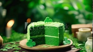 A vibrant green cake with shamrock decorations is displayed in a lush, green environment, celebrating St. Patrick's Day. The mood is festive, with candles adding a warm glow to the scene.