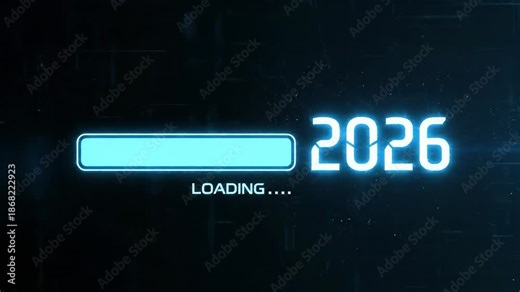 Futuristic Loading Bar Progress Towards Year 2026 With Bright Energy Burst.
