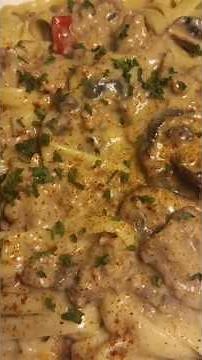 Ground turkey fettuccine stroganoff #oldschool #comfortfood #gamenight #cooking #subscribe
