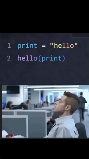 DevlopwithGaurav on Instagram: "You replaced print with a string… Then tried to use hello() like a function 💀 Python be like: 👉 “Bro… what are you doing?” Result: TypeError: 'str' object is not callable 🚨 . . #Python #PythonProgramming #CodingLife #ProgrammerHumor #CodeError BugLife LearnPython DevLife TechReels ProgrammingMemes PythonTips"