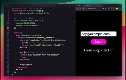 6.5K views · 135 reactions | A `<button>` outside the `<form>` still triggers submission via the `form` attribute in both JSX and plain HTML. #html #react #javascript | Arbaoui mehdi | Facebook