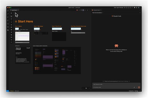 Pencil in Antigravity (or VSCode) with Claude Code panel