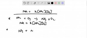 The reaction between ozone and nitrogen dioxide follows: 2 NO2(g) O3(g) →N2 O5(g) O2(g)   ΔH^∘=-200  kJ The reaction proceeds according to the experimental rate law, Rate =k[NO2][O3], and NO3 has been identified as an intermediate in the reaction. The activation energy is 50  kJ / mol. (a) Devise a two-step mechanism for the reaction that is consistent with the experimental observations. Identify the rate-determining step. (b) Draw a molecular picture that illustrates your rate-determining step.