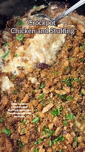 Crockpot Chicken and Stuffing Recipe ➡️ https://www.tastesoflizzyt.com/crockpot-chicken-and-stuffing/ #crockpotmeals #crockpotcooking #slowcookerrecipes #chickendinner | Tastes of Lizzy T
