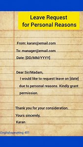 36 reactions | Leave Request for Personal Reasons  . . #LeaveRequest #PersonalLeave #LeaveApplication #ProfessionalEmail #officework Leave request email Personal leave application Office leave format Formal leave letter One day leave request | Englishspeaking401 | Facebook