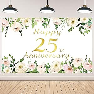 Vlipoeasn Elegant White 25th Wedding Anniversary Decorations Rose Gold Peony Flower 25th Anniversary Photography Banner for Couple Surprise for Parents Cheers to 25 Years Wedding Supplies