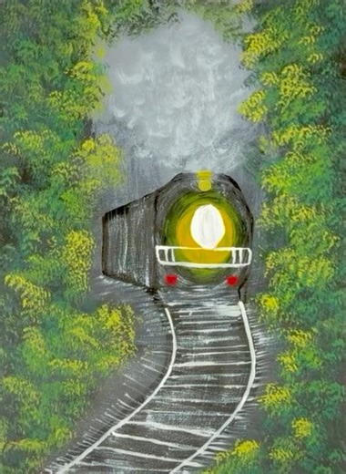 Easy Nature Painting Tutorial | Train in Forest Acrylic Painting