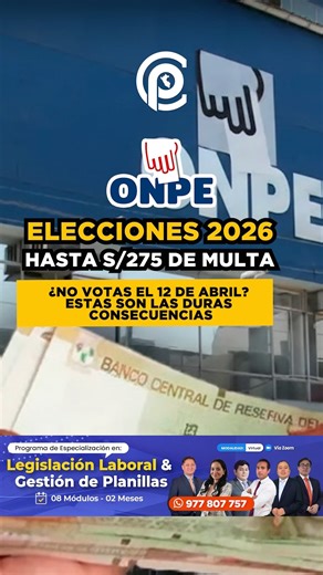 Perucontable on Instagram: "🚨 ATENCIÓN PERÚ 🚨 No votar en las Elecciones 2026 no solo es una falta… ¡puede costarte hasta S/275! 😱 Y si eres miembro de mesa y no cumples, la multa es aún mayor. 🗳️ Votar es obligatorio 💰 Sí hay pago para miembros de mesa ⚠️ No pagar la multa trae serias consecuencias 📢 Infórmate y evita sanciones 👉 ¿Qué opinas? ¿Te ha pasado? Escríbenos, comparte y síguenos. PROGRAMA DE ESPECIALIZACIÓN EN LEGISLACIÓN LABORAL Y GESTIÓN DE PLANILLAS ⏰ Horario: 2:30 p.m. a 5: