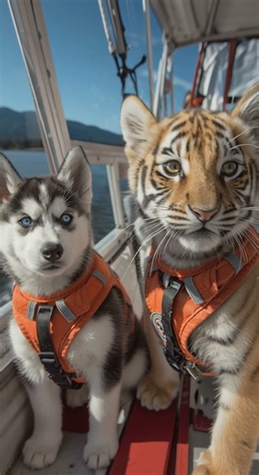 EN: Husky Puppy & Tiger Cub’s Lake Adventure 小哈士奇與小老虎的湖上探險 ハスキー子犬と子虎の湖上アドベンチャー #tigercub #子虎 #cute