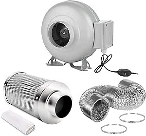 iPower 4 Inch 154 CFM Inline Ventilation Fan with Variable Speed Controller and 4” Air Carbon Filter 8 Feet Ducting, Combo Set for Grow Tent