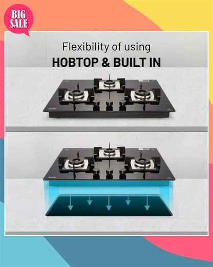 Glen Hob Top 3 Burner Built In Hob In Glass Hob Gas Stove 3 Burner Auto Ignition | 8 MM Toughened...