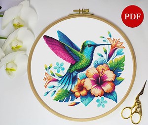 Bright Hummingbird and Flowers Embroidery Cross Stitch Pattern (PDF Pattern) - Etsy