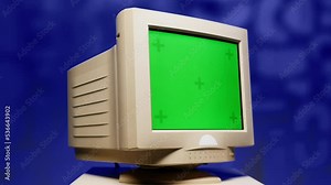 Retro pc with chroma key green screen, Old computer studio close-up, Desktop vintage retro wave display, late 90s PC mock up for 3d motion design and advertising.