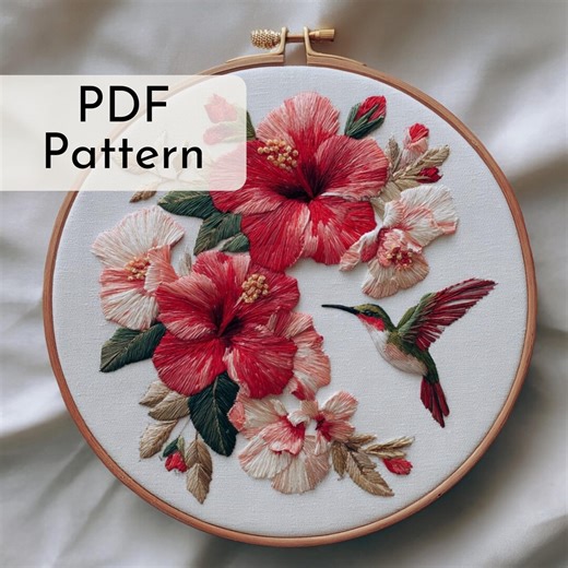 Hummingbird Embroidery Pattern: Hibiscus Flowers, Elegant Tropical Design, Red Pink Florals, 6 Hoop Sizes - Etsy