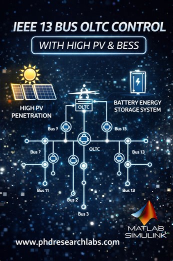 PhD Research Labs on Instagram: "⚡🌞 IEEE 13 Bus Distribution System with OLTC, High PV Penetration & Battery Energy Storage System (BESS) This project presents the modeling and analysis of an IEEE 13-bus distribution network integrated with high photovoltaic (PV) penetration, on-load tap changer (OLTC) voltage regulation, and battery energy storage system (BESS) using MATLAB/Simulink. With increasing solar penetration, distribution systems face challenges such as voltage rise, reverse power flo