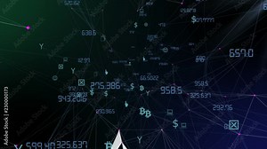 Blockchain counts numbers and shows various icons. Seamless loop.Bit Coin BTC coins rotating. Worldwide virtual internet cryptocurrency and digital payment system.