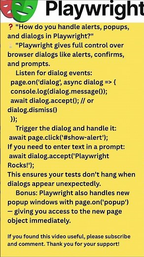 🎥 "🔥 Playwright Interview Q#10 — Handling Alerts, Popups & Dialogs"