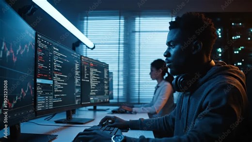 Programmer coding at dual monitor workstation. Developer and coder review software and data chart. Team member works near server rack and screen. Office scene shows focused technology collaboration.