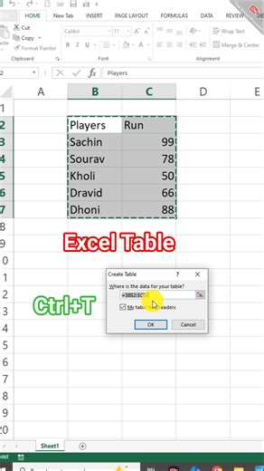 Excel Table || MS Excel short trick || MS Excel shorts || MS Excel Tutorial short
