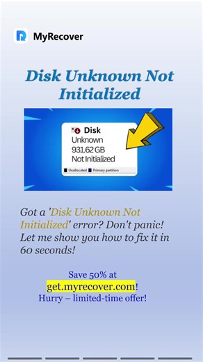 Fix 'Disk Unknown Not Initialized' in 60 Seconds! 🔧 Got a 'Disk Unknown Not Initialized' error? 😱 Don’t worry! Here’s a quick fix to get your drive back up and running in no time! Enjoy a special 50% at get.myrecover.com. Available for a limited time only! #datarecovery #harddisk #unknown #initial