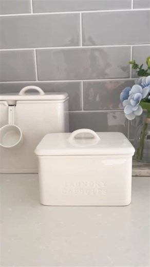 Corinne May on Instagram: "My laundry has been crying out for attention so the way these new laundry organising containers literally jumped into my trolley!!! How nice are the ceramic containers?!!! I do regret getting bright pink laundry liquid and will be swapping to a nice French blue, stat 🩵 #homeorganizing #organised #organized #organisedhome #organizedhome #kmartaus #kmarthome"