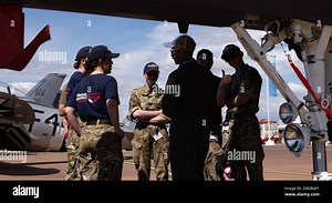 U.S. Air Force Capt. Joshua Atencio from the 492nd Fighter Squadron at Royal Air Force Lakenheath, England, briefs Royal Air Force cadets during the Royal International Air Tattoo in Fairford, England, July 15, 2022. RIAT allows the U.S. Air Force and U.S. Air Forces in Europe to emphasize its close relationship and Interoperability with nations across Europe and the globe. (U.S. Air Force video by Staff Sgt. Gaspar Cortez) Jets,RAF,RIAT22,Royal International Air Tattoo,USAF,USAFE Stock Photo - 