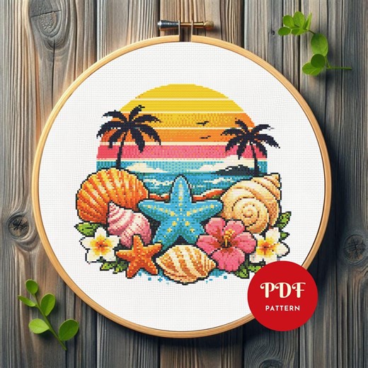 Tropical Beach Sunset Cross Stitch Pattern, Seashells Embroidery Design, Summer Ocean Needlepoint Chart, Easy Cross Stitch PDF Pattern,diy - Etsy