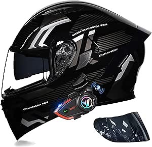 Bluetooth Modular Motorcycle Dual Visor Helmet, DOT Approved Flip Up Full Face Integrated Helmet, with Waterproof Bluetooth can Support Two-Person Intercom, for Adults Men Women