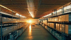 Logistics center warehouse business industry shipping distribution storage delivery packages cargo retail shelf container cardboard box freight stock transport technology hangar indoor