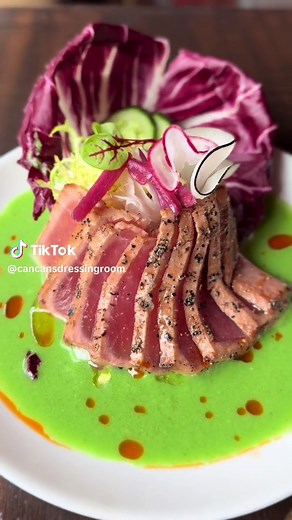 Yellowfin Tuna 💚 Grilled & chilled yellowfin, jicama, radish, chicory, served on a cucumber & tomatillo gazpacho. Available for dinner in our bistro @Can Can Culinary Cabaret theatre!