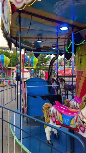 Riding a horse-drawn carriage on a merry-go-round with white horses