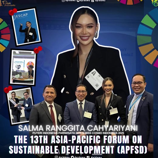 BOOM DUARRR!!! @salmaranggitaa Puteri Indonesia Pariwisata 2025 & Miss Cosmo 2025 took part in the 13th Asia-Pacific Forum on Sustainable Development (APFSD), sharing perspectives on Indonesia’s vulnerability to climate change and land subsidence. 🌏🥰🥰🥰 Ia menekankan pentingnya perluasan infrastruktur air perpipaan, regulasi pengambilan air tanah yang lebih ketat, serta tata kelola yang terintegrasi untuk mencegah penurunan tanah di kota-kota besar. Bagi dirinya, isu ini bukan hanya persoalan