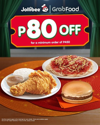 Craving for a late-night meal? We’ve got you covered! Order your Jollibee favorites via GrabFood and enjoy P80 Off with a min. order of P450. Promo is valid on all weekdays of February, starting at 9:00pm. | Jollibee