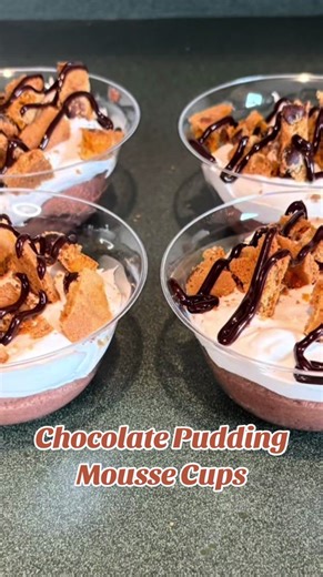 Chocolate Pudding Mousse Cups Ingredients: 1 cup heavy cream 1 packet of instant chocolate pudding mix 3 tablespoons milk Whipped topping Salted caramel chocolate chip cookies Chocolate sauce Directions: 1. First add heavy cream into a bowl and mix until it starts to thickens 2. Then add chocolate pudding mix and mix until thick 3. Next add milk and mix it up 4. Pipe mousse into cups 5. Add whipped topping to each cup and spread it out 6. Next crushed up salted caramel chocolate chip cookies and