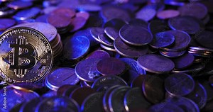 Bitcoin Cryptocurrency Concept, red and blue police lights flashing over coins, blockchain slider right to left