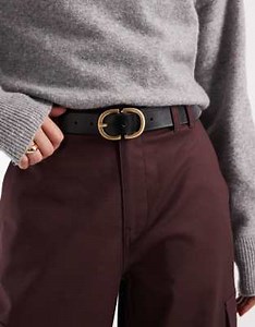 Pieces leather belt with gold-tone double buckle in black | ASOS
