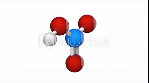 Nitric acid (Spirit of niter, Hydrogen nitrate) is the inorganic compound with the formula HNO3. 3D render. Seamless loop. Chemical structure model: Ball and Stick. White background