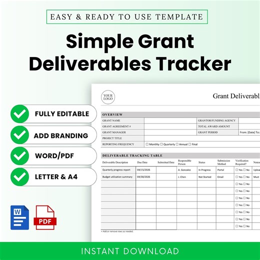 Simple Grant Deliverables Tracker Template – Word & PDF, A4 + US Letter - Etsy Australia