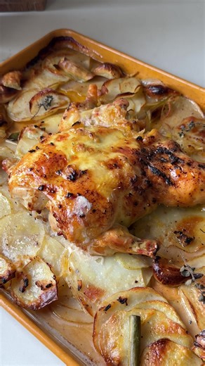 LEMON GARLIC CHICKEN & SCALLOP POTATOES Serves 4 Been making this chicken on repeat around here! It incorporates preserved lemon, potatoes, and spring garlic (stalks and all if you’re lucky enough to get your hands on some spring garlic!). I used a deboned, spatchcocked chicken. But if you cab just use a regular spatchcocked chicken and add 5 to 10 minutes’ cooking time. The outer potatoes become as crisp as potato chips. Everyone will be fighting over them, but there’s something for everyone be